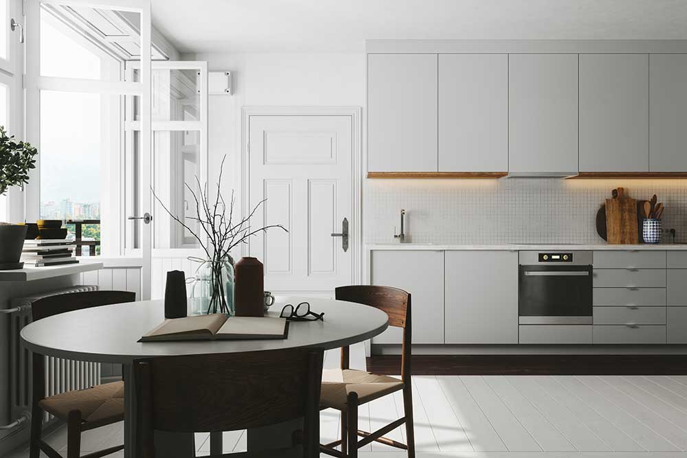 Interiör av ett elegant kök i skandinavisk stil